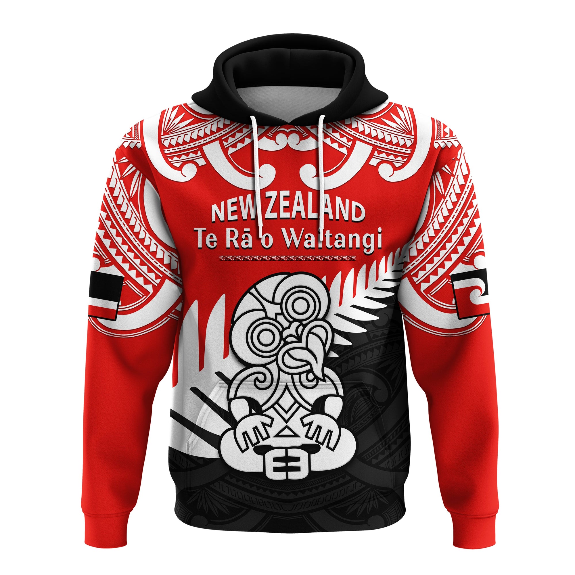 Waitangi Day Hoodie Tino Rangatiratanga Flag With Tiki Maori Fern LT14 Pullover Hoodie Red - Polynesian Pride