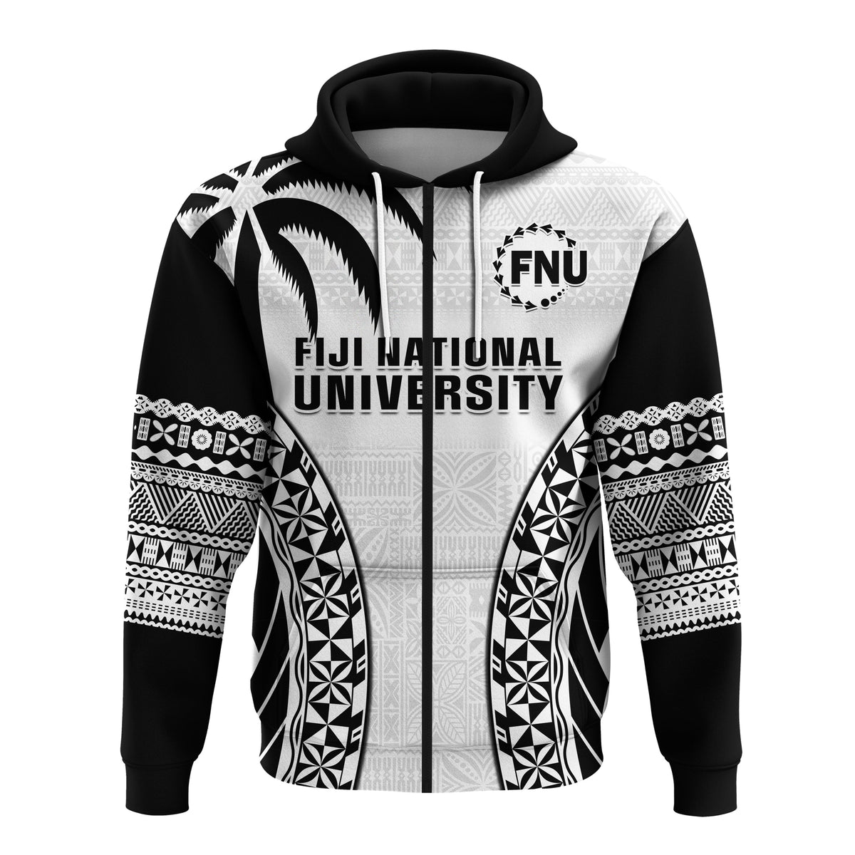 Fiji University Hoodie National Fijian Tapa Pattern White LT14 Zip Hoodie White - Polynesian Pride