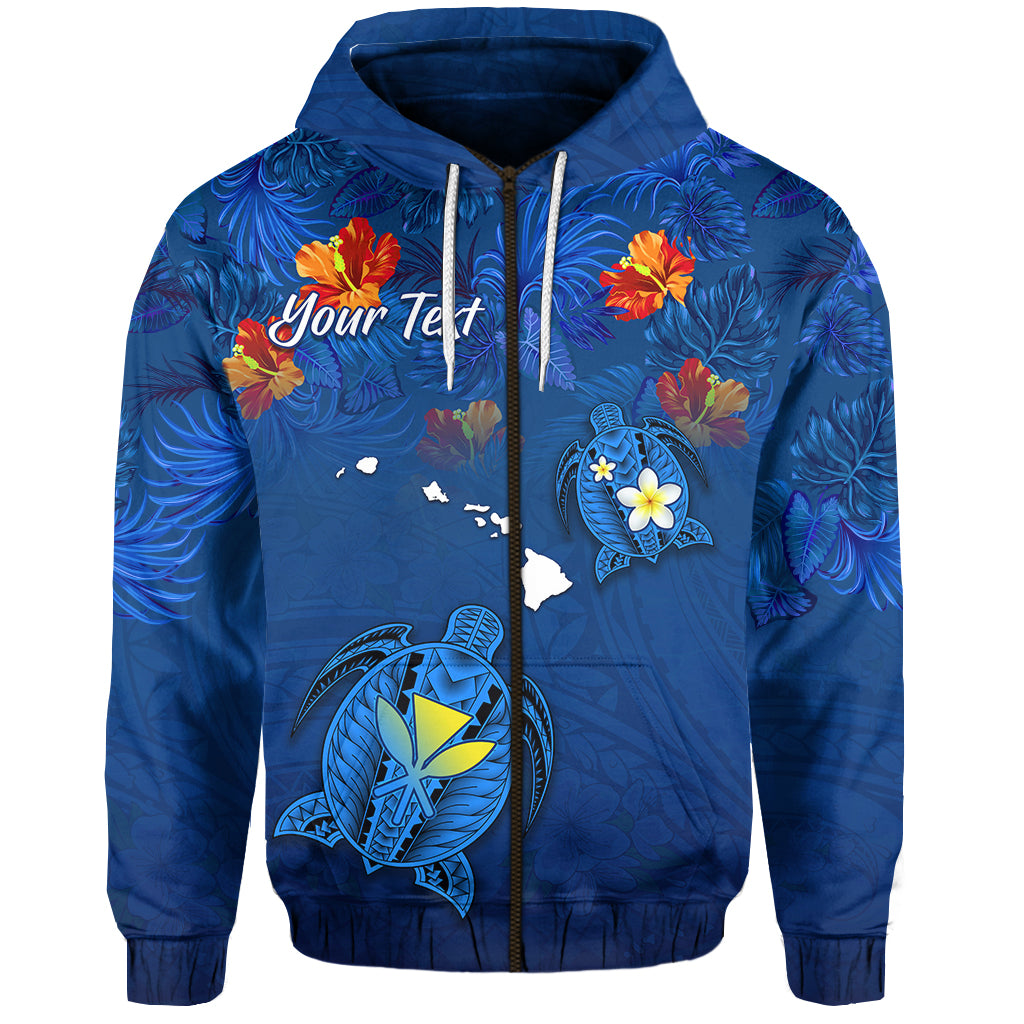 Custom Hawaiian Islands Zip Hoodie Hawaii Tropical Flowers and Turtles Blue LT13 Unisex Blue - Polynesian Pride