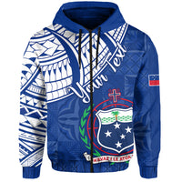 Custom Samoa Siapo Hoodie Sporty Mix Barkcloth Panel LT13 Zip Hoodie Blue - Polynesian Pride