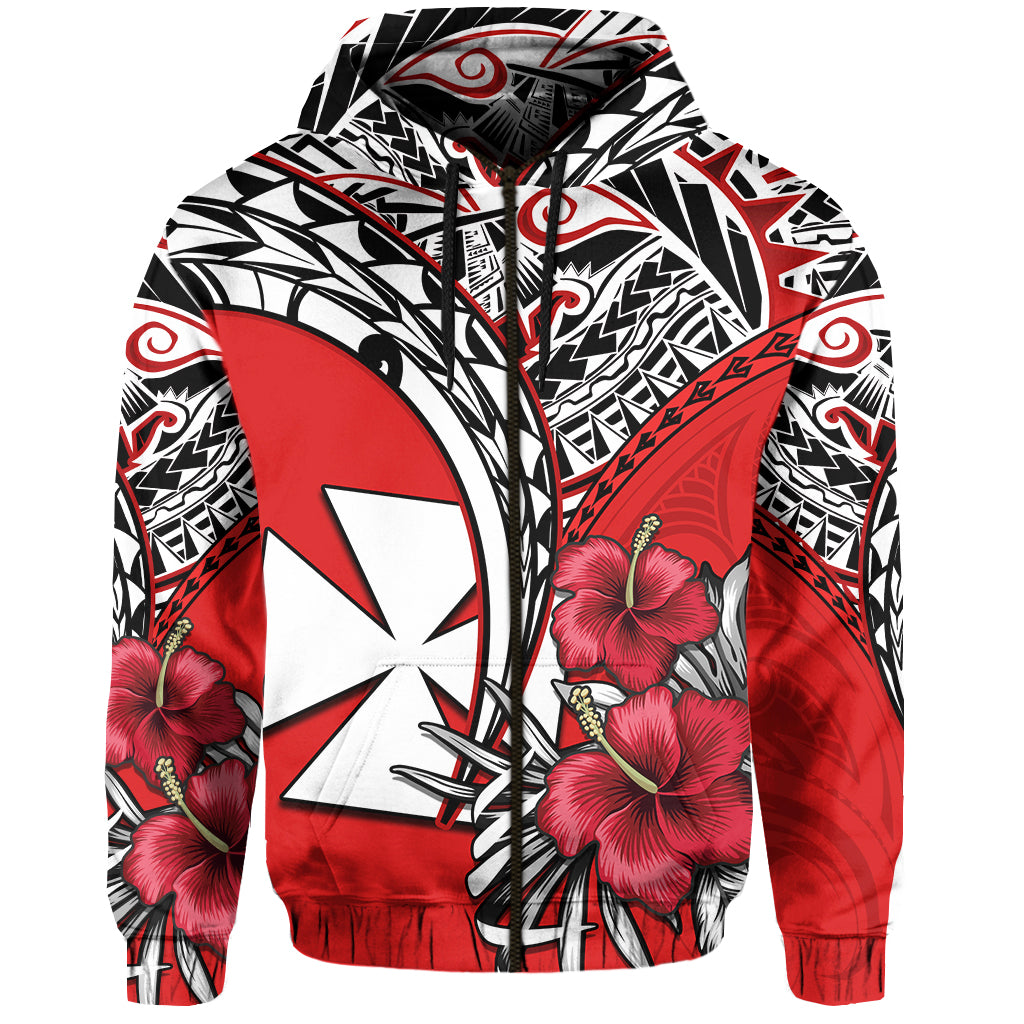 Custom Wallis et Futuna Hoodie Polynesian Pattern and Hibiscus Flowers Version Red LT13 Zip Hoodie Red - Polynesian Pride