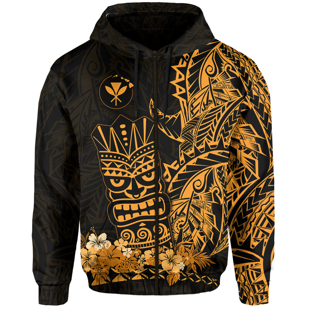 Hawaii Polynesian Zip Hoodie Gold Tiki Masks Hawaiian LT13 - Polynesian Pride