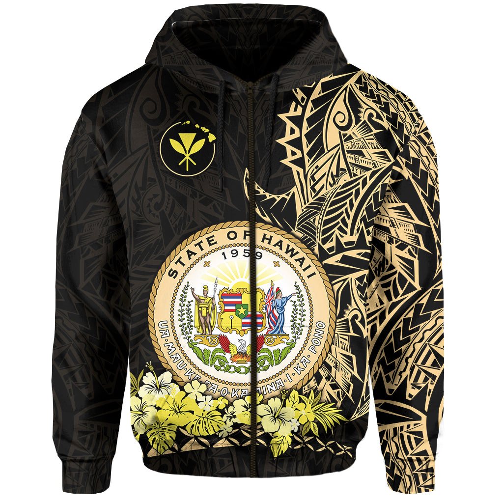 Custom Hawaiian Polynesian Zip Hoodie Gold Seal of Hawaii LT13 - Polynesian Pride
