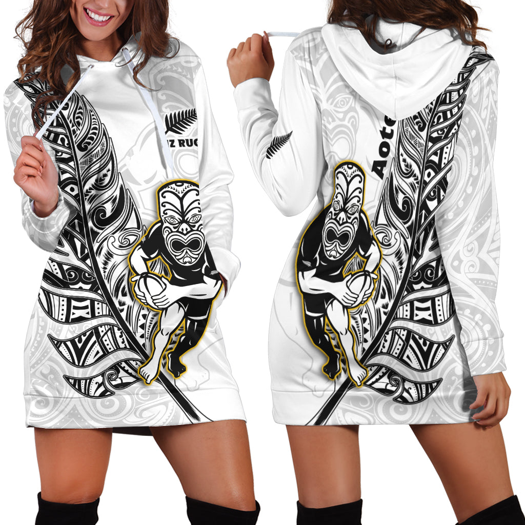 New Zealand Silver Fern Rugby Hoodie Dress All Black Maori Version White LT14 White - Polynesian Pride