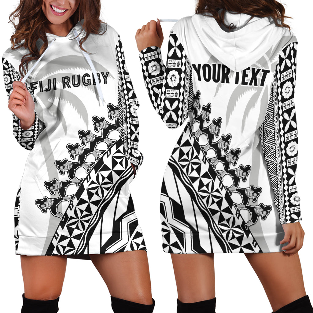 (Custom Personalised) Fiji Rugby Hoodie Dress Fijian Cibi Dance Tapa Pattern White LT14 White - Polynesian Pride