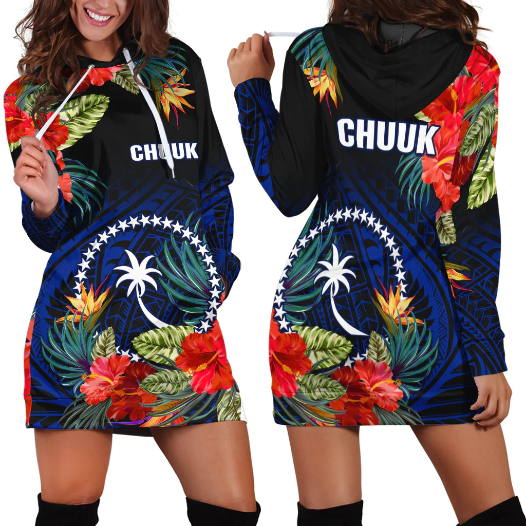 Chuuk State Hoodie Dress FSM Hibiscus Flowers Mix Polynesian LT14 Blue - Polynesian Pride