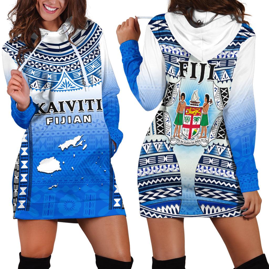 Fiji Hoodie Dress Kaiviti Fijian Special Tapa Pattern LT14 Blue - Polynesian Pride