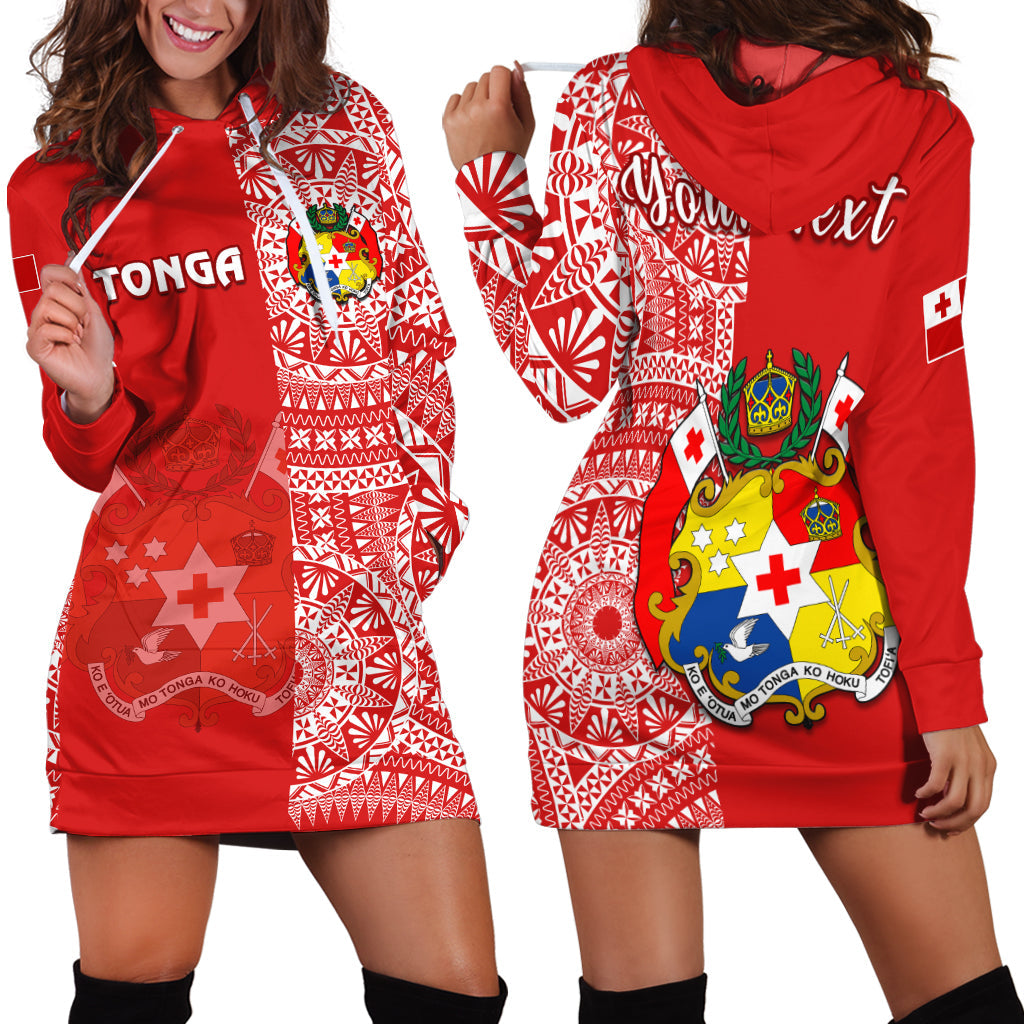 (Custom Personalised) Tonga Hoodie Dress Tongan Coat Of Arms Ngatu Pattern LT14 Red - Polynesian Pride