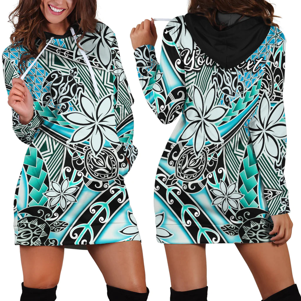 (Custom Personalised) Hawaii Hoodie DressTribal Plumeria With Polynesian Turtle Ver.04 LT14 Turquoise - Polynesian Pride