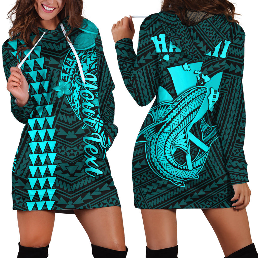 (Custom Personalised) Hawaii Hoodie Dress Kakau Kanaka Maoli Combine Polynesian Shark Ver.04 LT14 Turquoise - Polynesian Pride