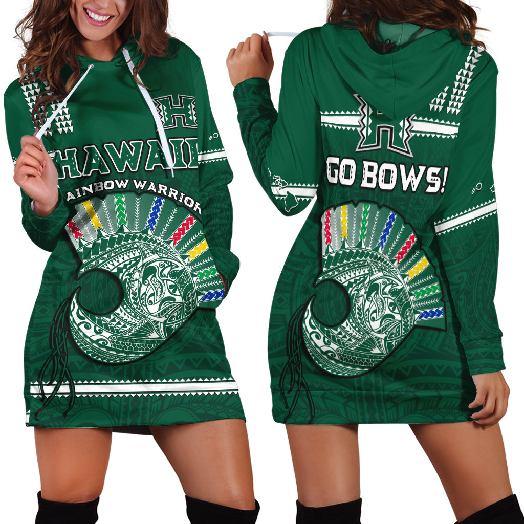 Hawaii Football Hoodie Dress Kakau Rainbow Warriors Helmet Go Bows LT14 Green - Polynesian Pride