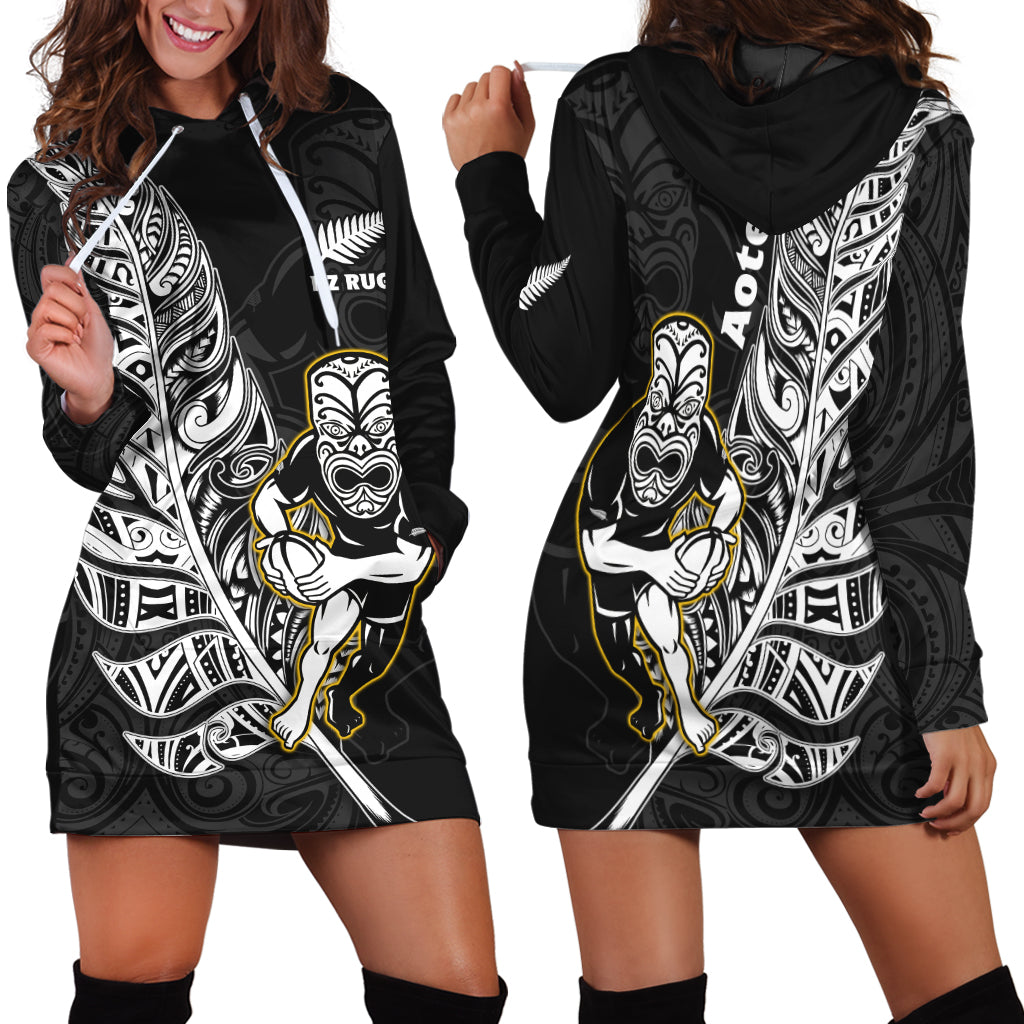 New Zealand Silver Fern Rugby Hoodie Dress All Black Maori Version Black LT14 Black - Polynesian Pride