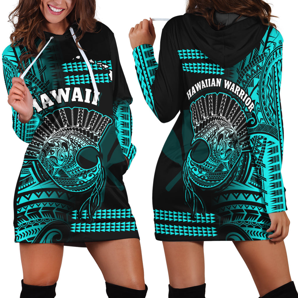 Hawaii Hoodie Dress Kakau Warrior Helmet Gradient Turquoise Polynesian LT14 Turquoise - Polynesian Pride