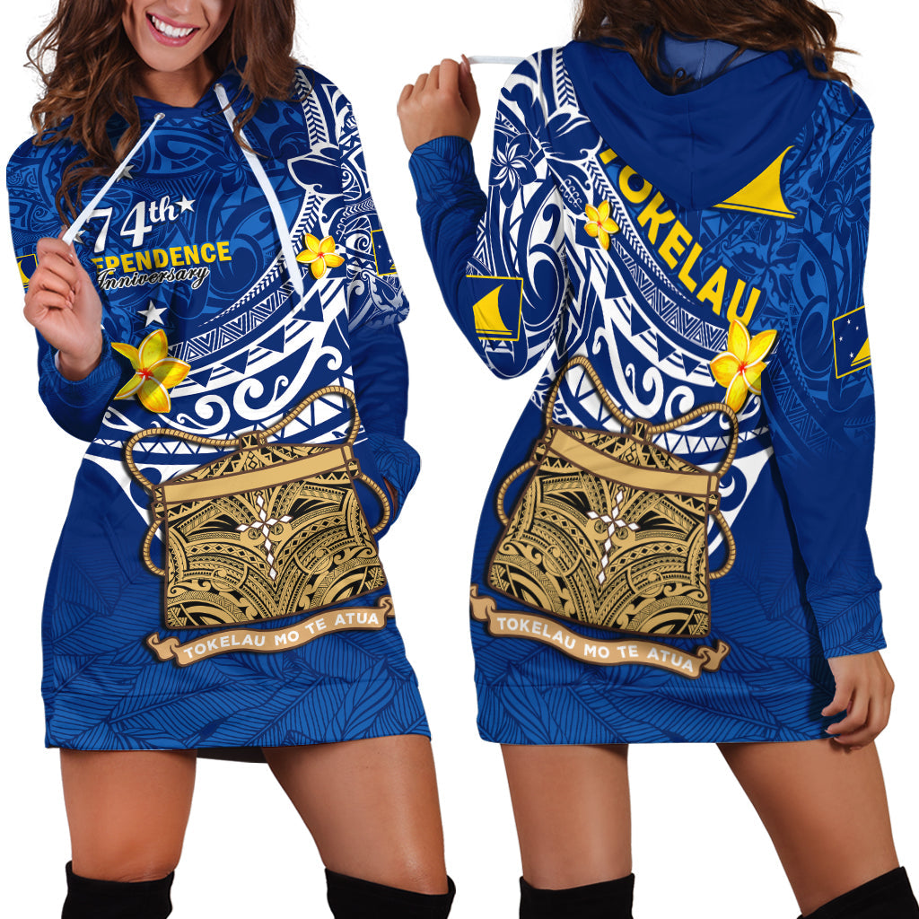 Tokelau Hoodie Dress National Badge Polynesian Happy 74th Independence Anniversary LT14 Blue - Polynesian Pride