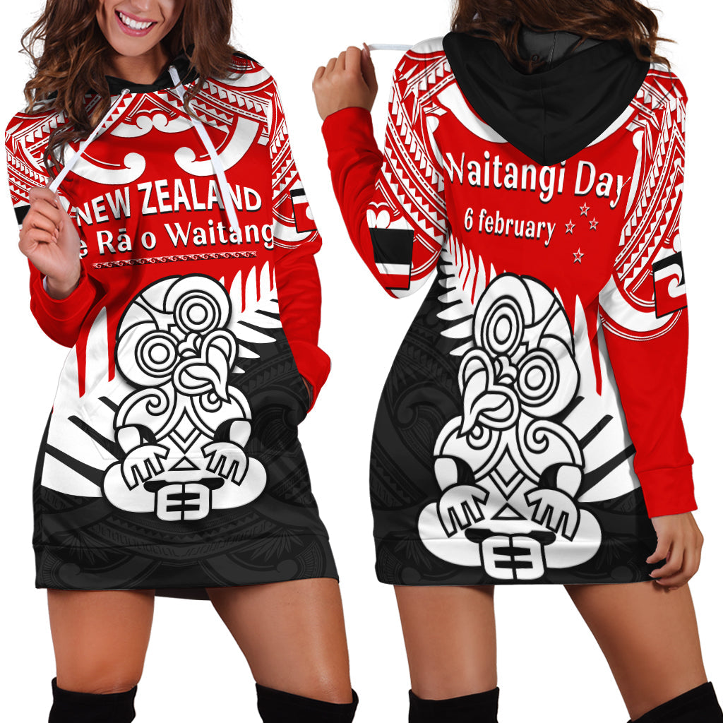 Waitangi Day Hoodie Dress Tino Rangatiratanga Flag With Tiki Maori Fern LT14 Red - Polynesian Pride