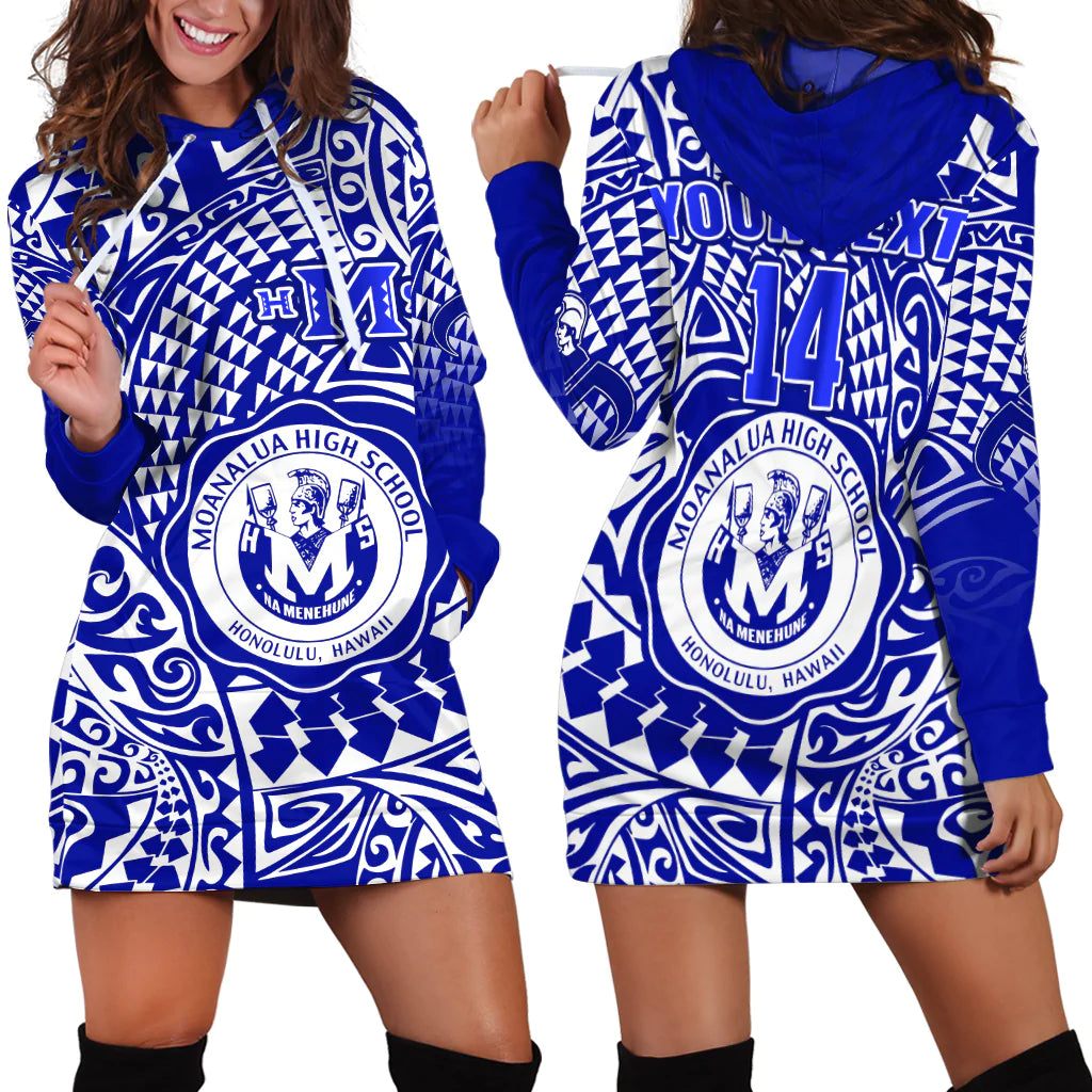 (Custom Text And Number) Hawaii Hoodie Dress Moanalua High School Tribal Kakau LT14 Blue - Polynesian Pride