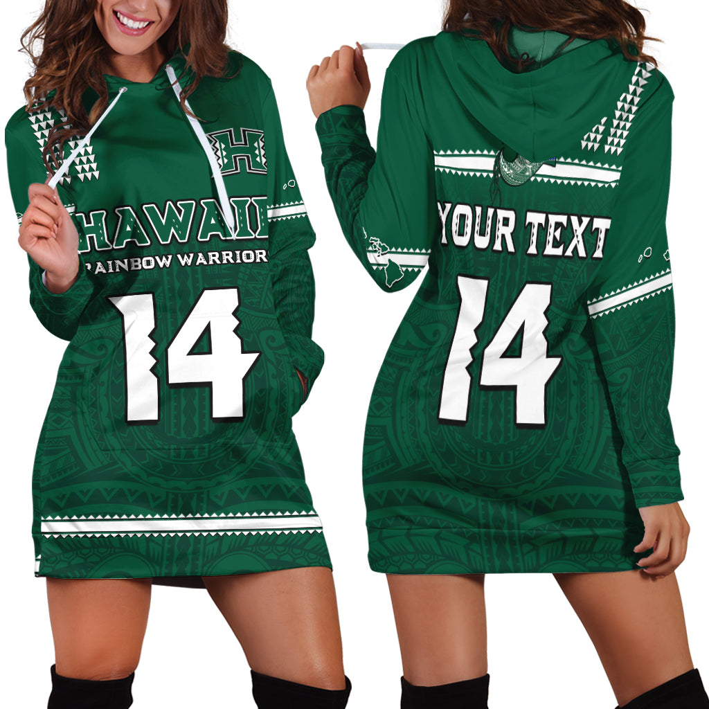 (Custom Text And Number) Hawaii Football Hoodie Dress Kakau Rainbow Warriors Helmet Go Bows LT14 Green - Polynesian Pride