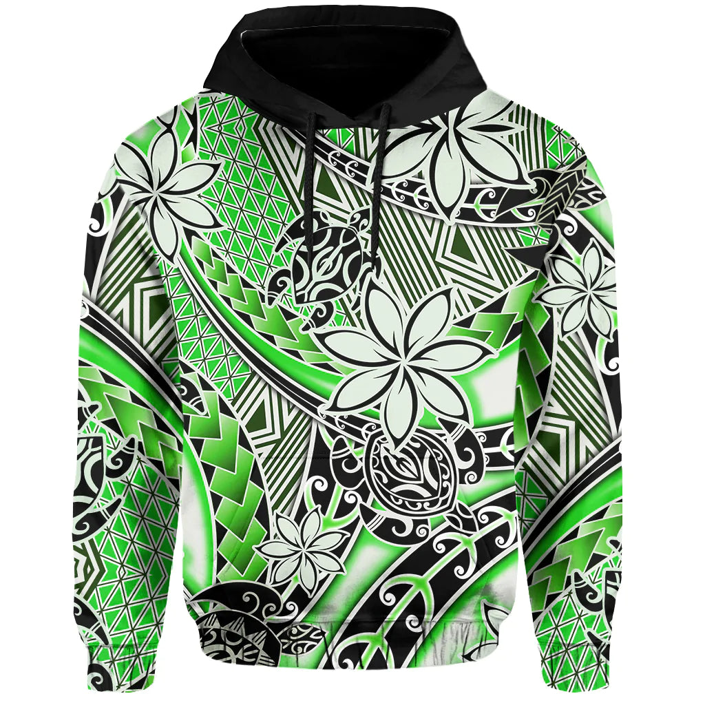 Custom Hawaii Hoodie Tribal Plumeria With Polynesian Turtle Ver.01 LT14 Pullover Hoodie Green - Polynesian Pride