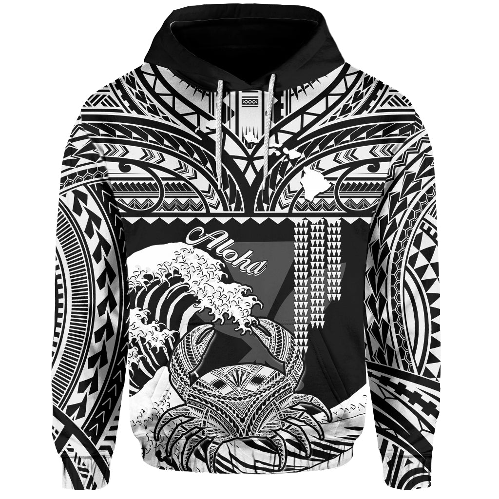 Custom Hawaii Hoodie Kakau Polynesian Crab With Waves Ver.04 LT14 Pullover Hoodie Black - Polynesian Pride
