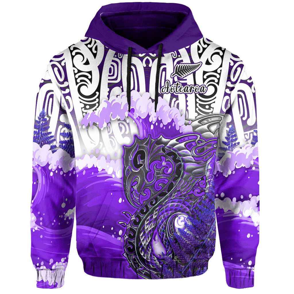 Custom Manaia Maori Hoodie Fern Aotearoa Purple Waves LT13 Purple - Polynesian Pride