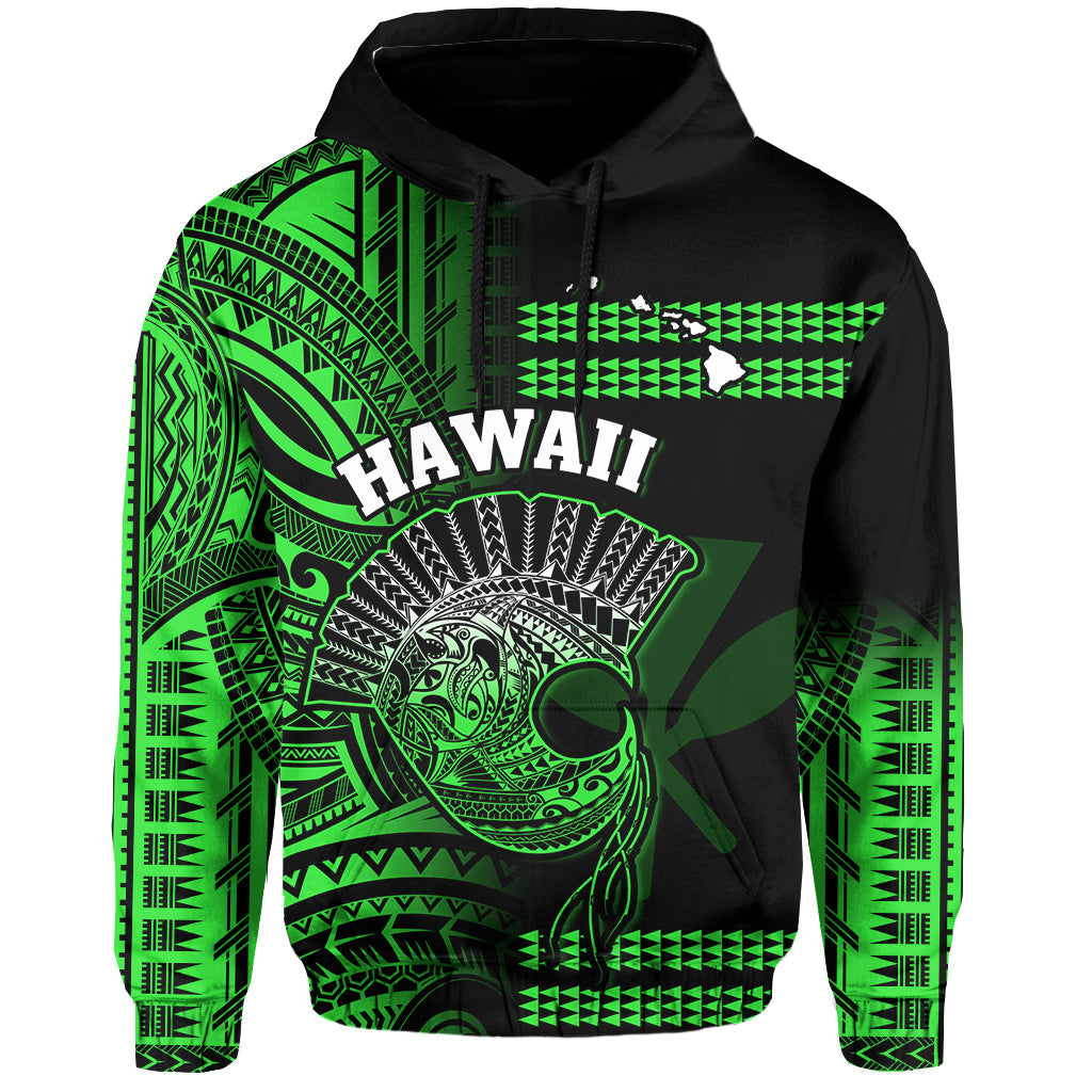 Custom Hawaii Hoodie Kakau Warrior Helmet Gradient Green Polynesian LT14 Pullover Hoodie Green - Polynesian Pride