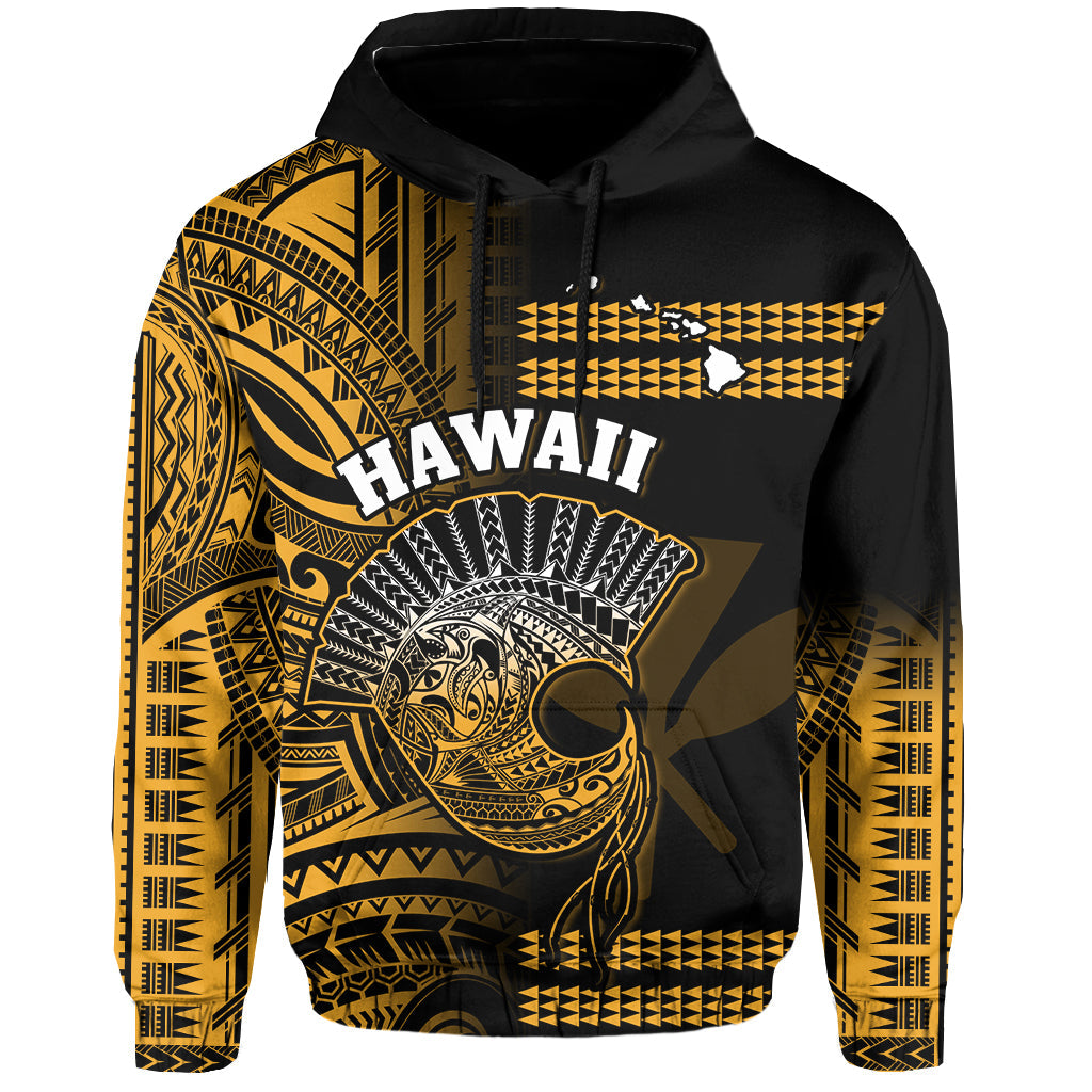 Custom Hawaii Hoodie Kakau Warrior Helmet Gradient Gold Polynesian LT14 Pullover Hoodie Gold - Polynesian Pride