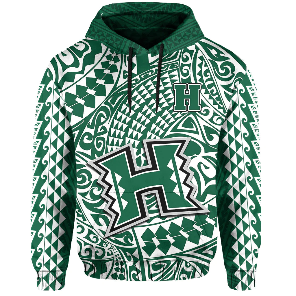 Hawaii Football Hoodie Rainbow Warriors Tribal Kakau LT14 Pullover Hoodie Green - Polynesian Pride