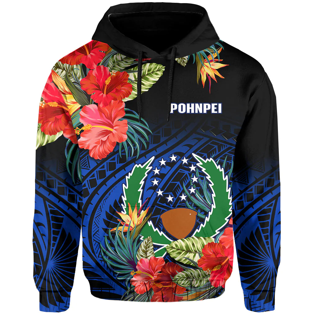 Pohnpei State Hoodie FSM Hibiscus Flowers Mix Polynesian LT14 Pullover Hoodie Blue - Polynesian Pride