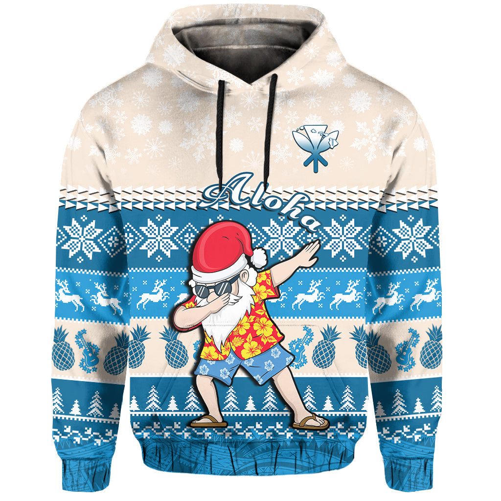 Hawaii Mele Kalikimaka Hoodie Dabbing Santa Blue Merry Christmas LT14 Pullover Hoodie Blue - Polynesian Pride