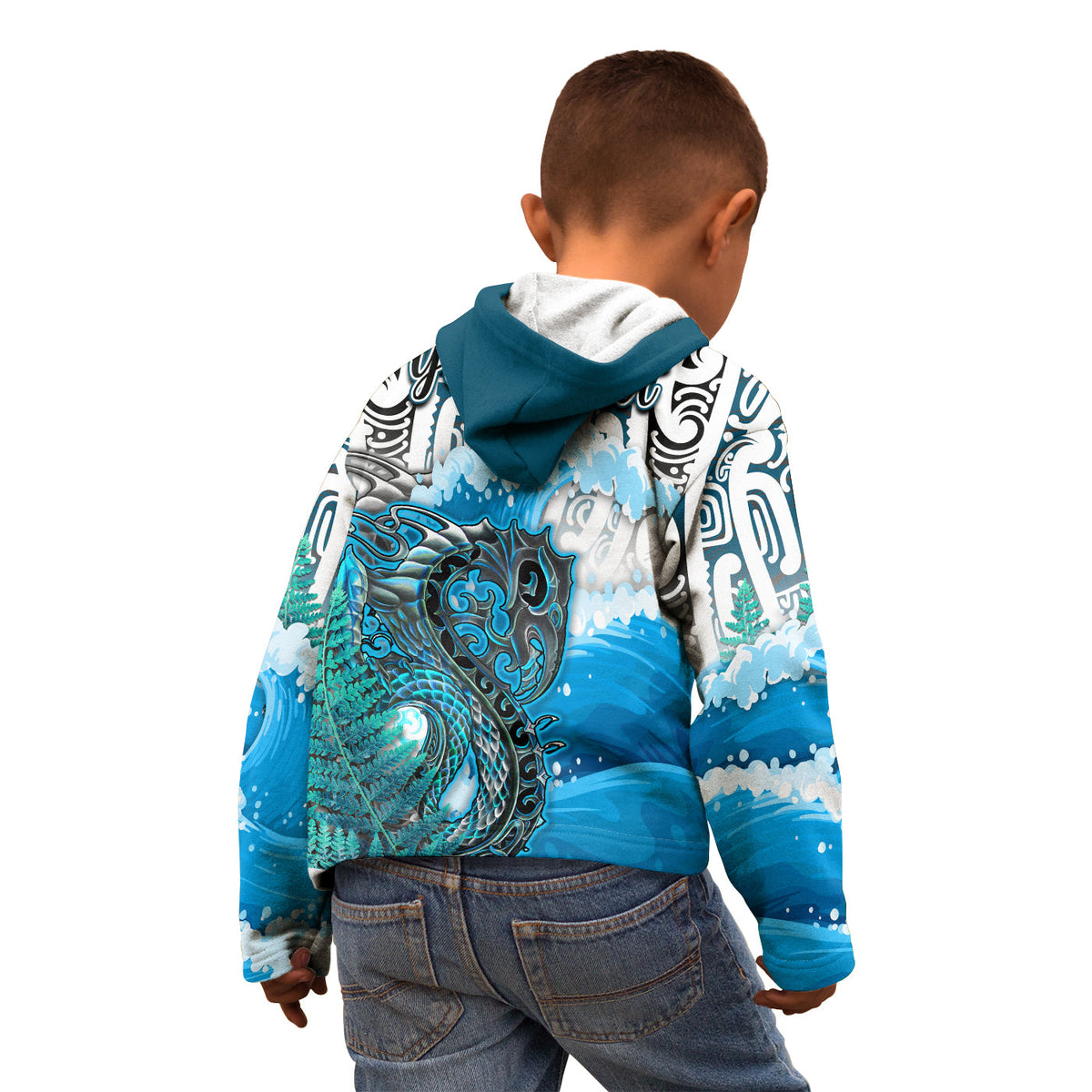 (Custom Personalised) Manaia Maori Hoodie KID Fern Aotearoa Blue Waves LT13 - Polynesian Pride
