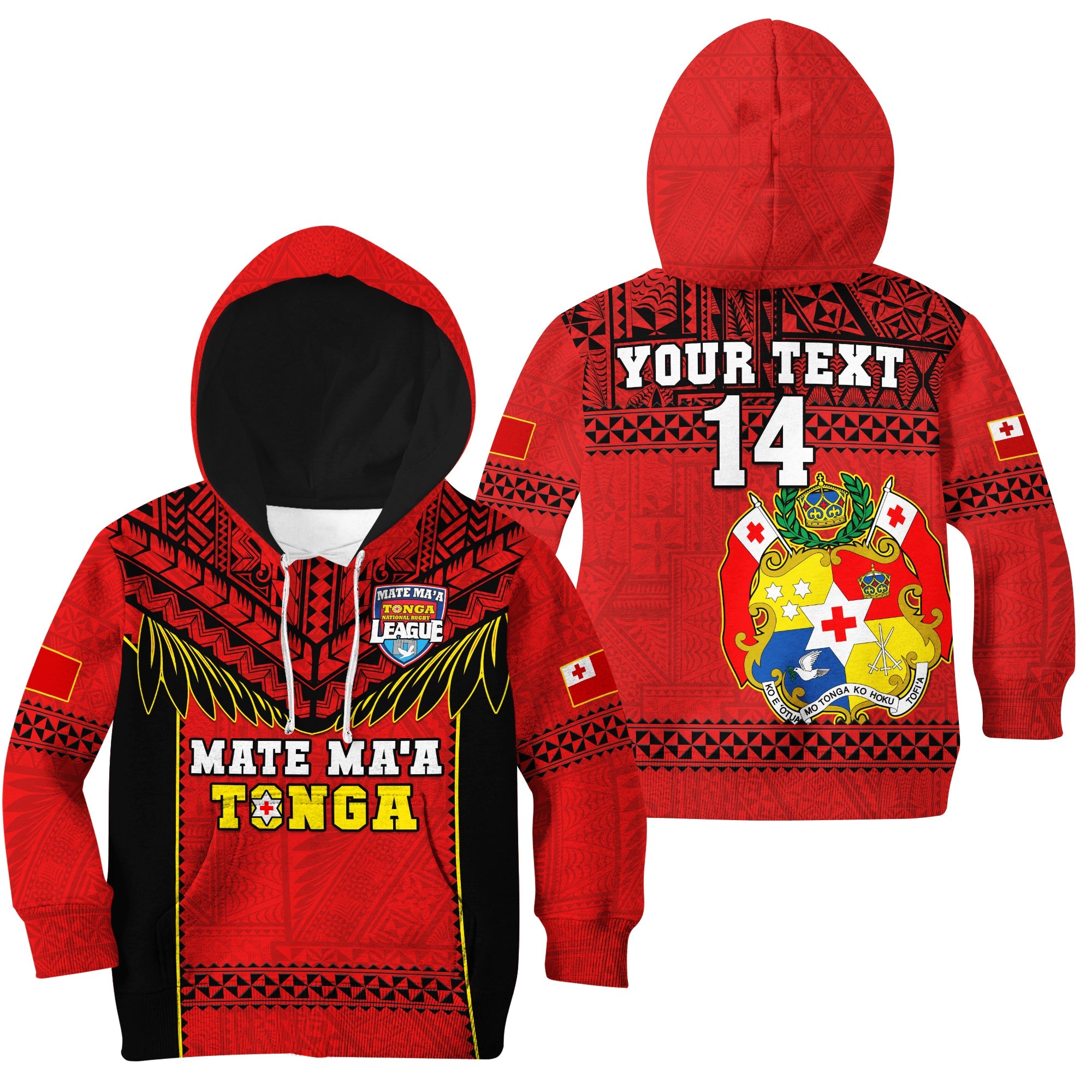 (Custom Text And Number) Tonga Rugby Hoodie KID Mate Maa Tonga Pacific Ngatu Black LT14 Hoodie Red - Polynesian Pride