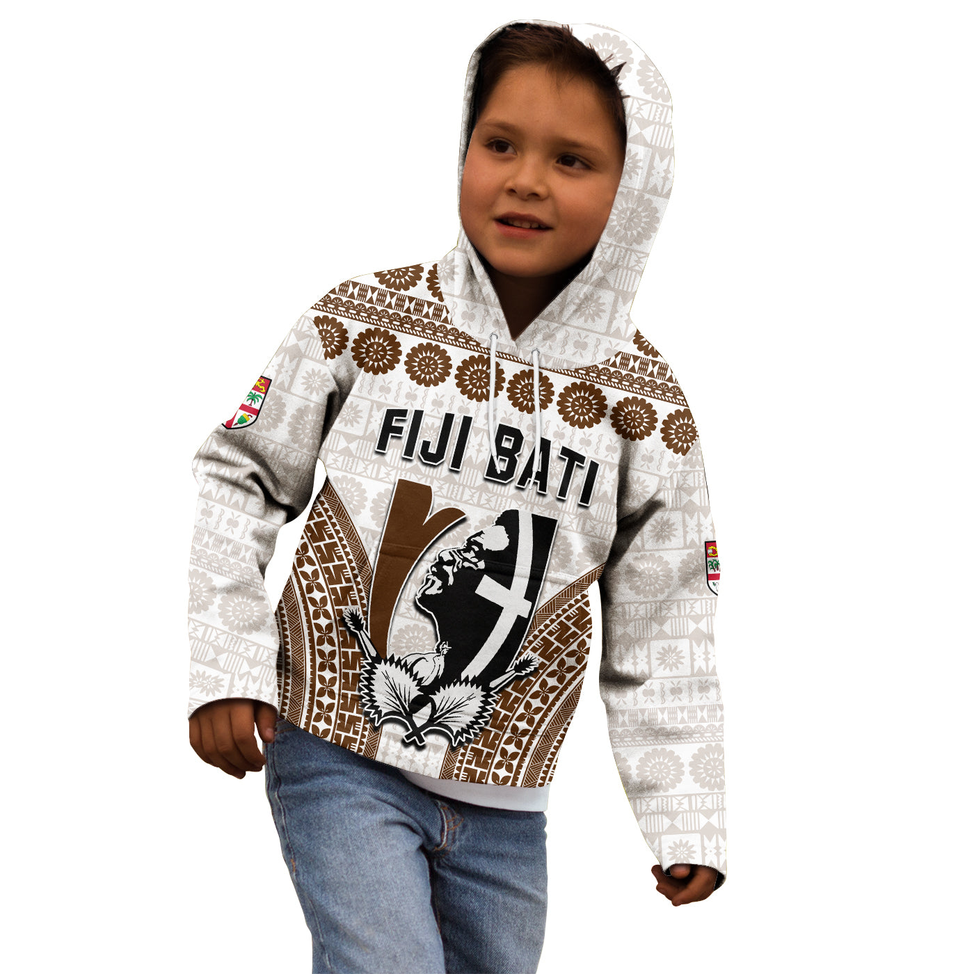 Custom Personalised Fiji Rugby Bati Hoodie KID Proud Tapa Pattern LT13 White - Polynesian Pride