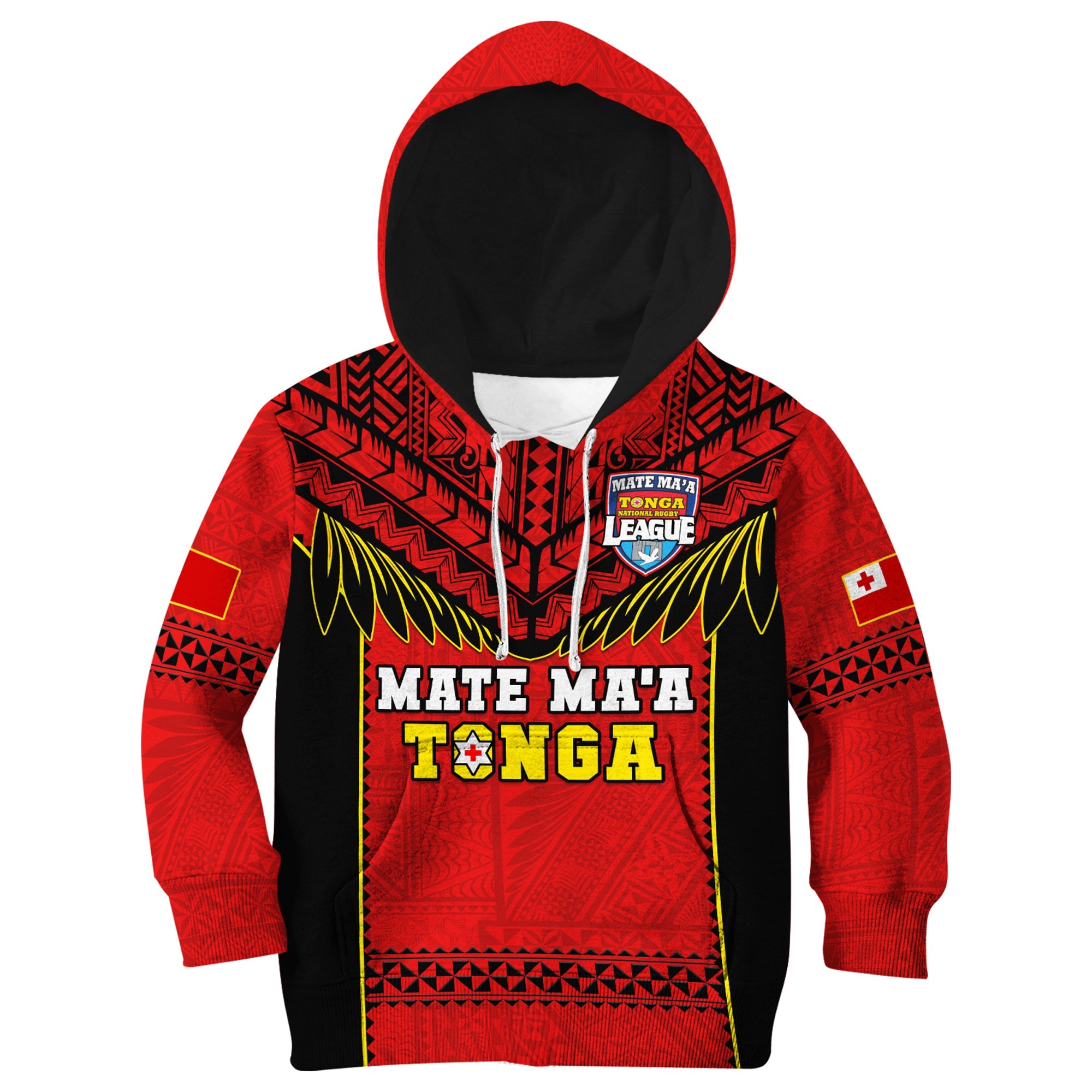 Tonga Rugby Hoodie KID Mate Maa Tonga Pacific Ngatu Black LT14 Hoodie Red - Polynesian Pride