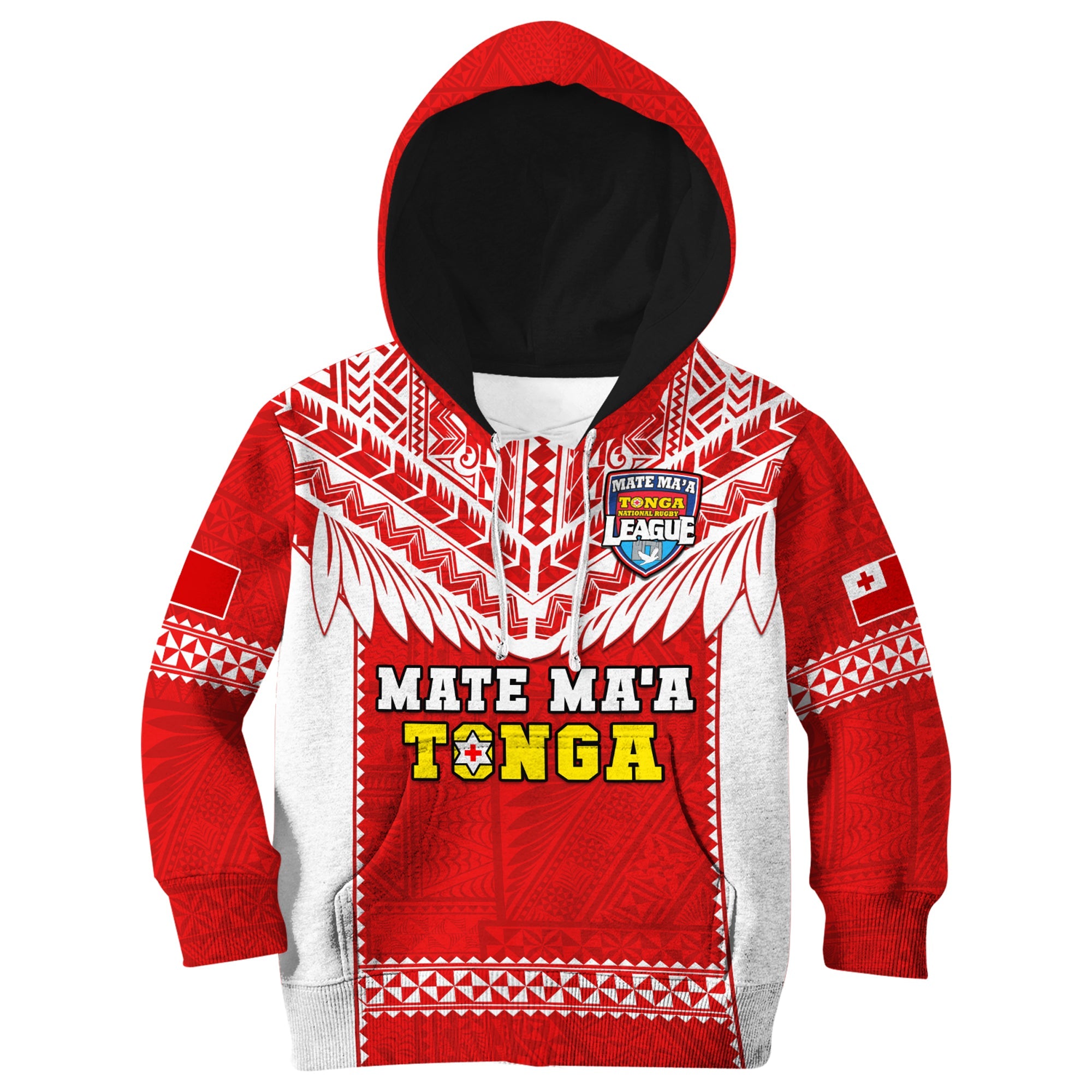 Tonga Rugby Hoodie KID Mate Maa Tonga Pacific Ngatu White LT14 Hoodie Red - Polynesian Pride