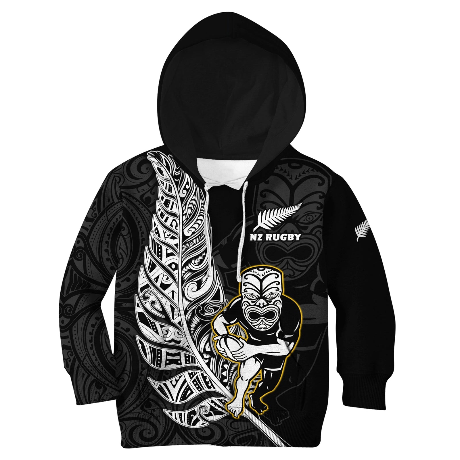 New Zealand Silver Fern Rugby Hoodie KID All Black Maori Version Black LT14 Black - Polynesian Pride