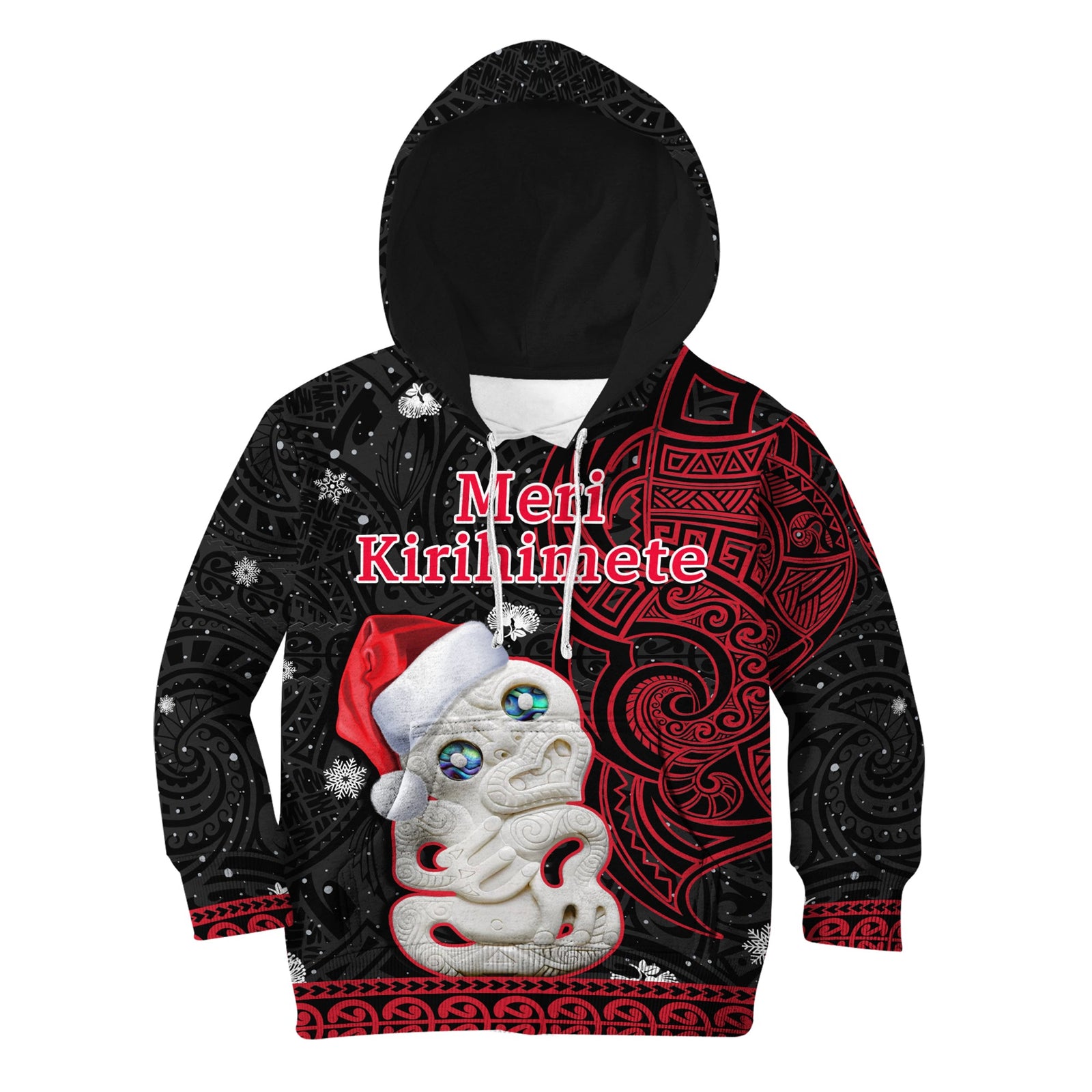 New Zealand Christmas Hoodie KID Hei Tiki Red Pohutukawa Meri Kirihimete LT14 Red - Polynesian Pride
