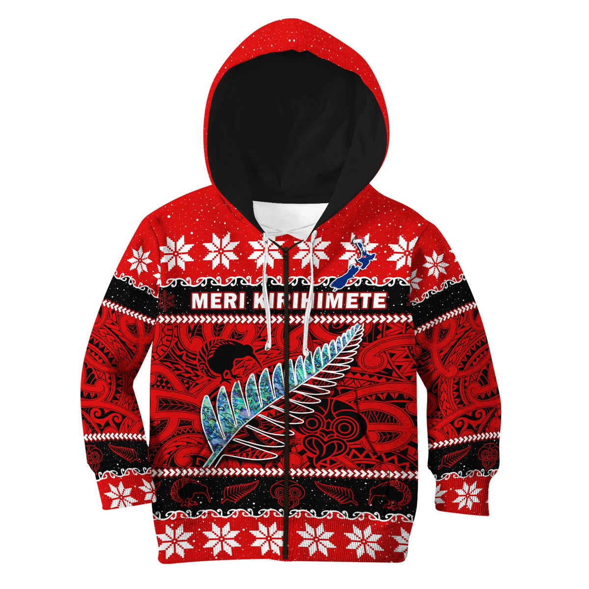 New Zealand Christmas Hoodie KID Paua Shell Silver Fern Meri Kirihimete LT14 - Polynesian Pride