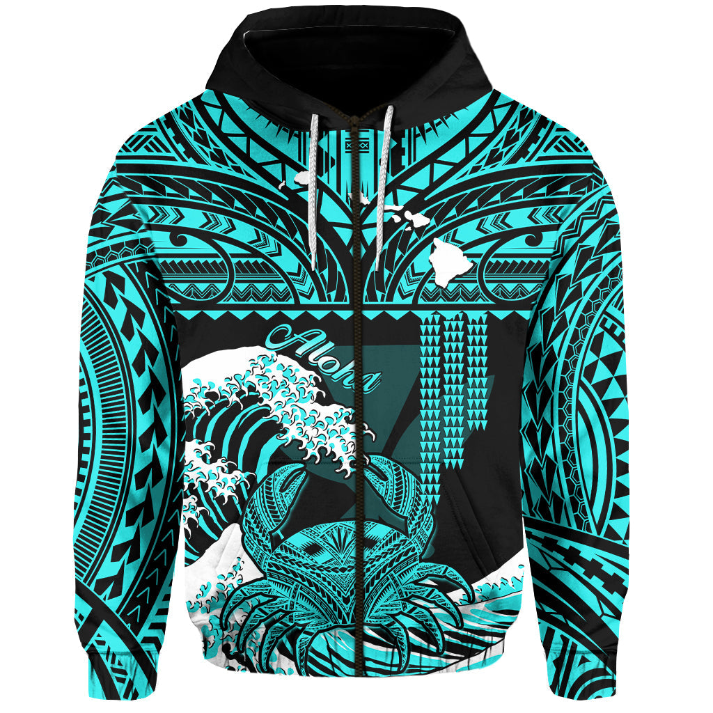 Custom Hawaii Hoodie Kakau Polynesian Crab With Waves Ver.01 LT14 Zip Hoodie Turquoise - Polynesian Pride