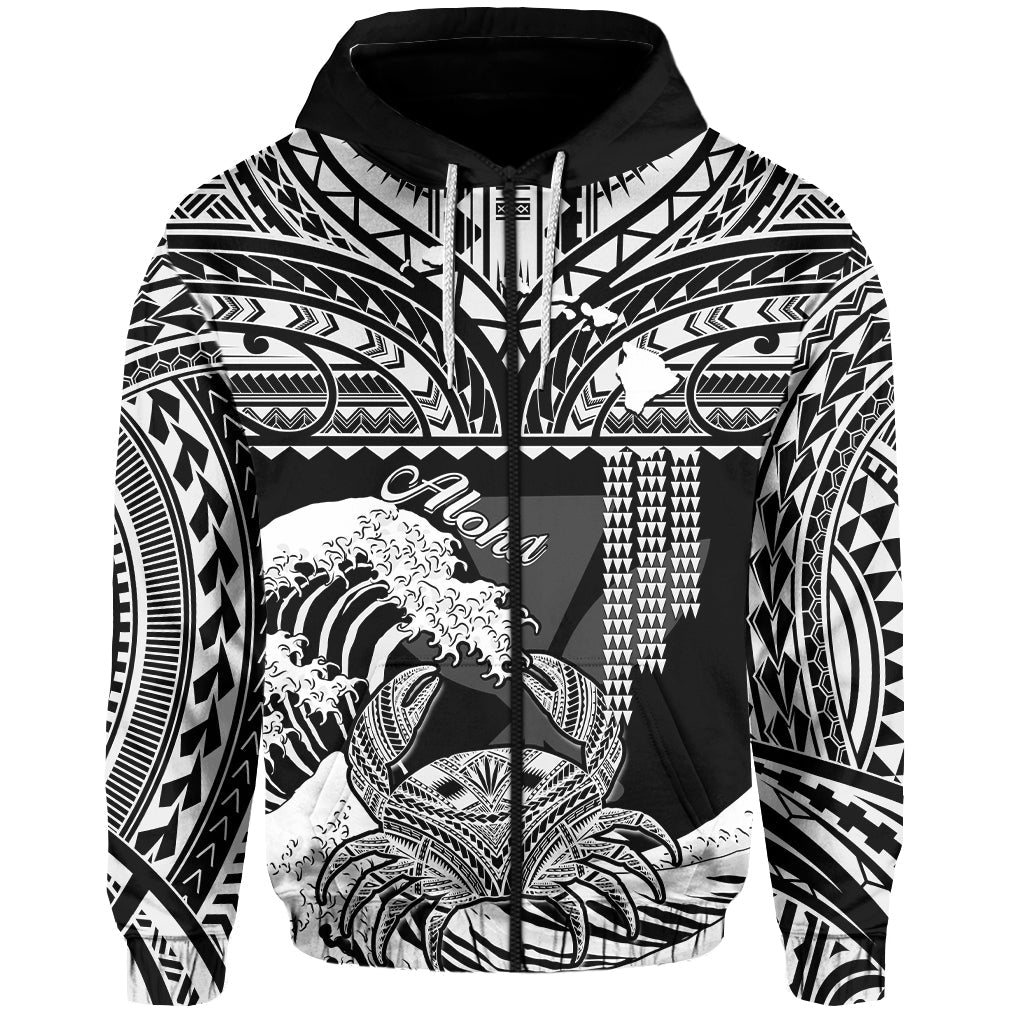 Custom Hawaii Hoodie Kakau Polynesian Crab With Waves Ver.04 LT14 Zip Hoodie Black - Polynesian Pride