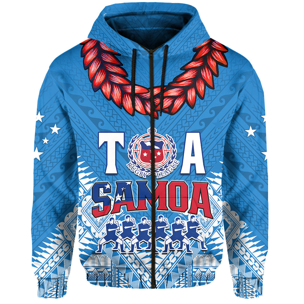 Toa Samoa Rugby Hoodie Manu Siva Tau Style Ulafala LT13 Zip Hoodie Blue - Polynesian Pride