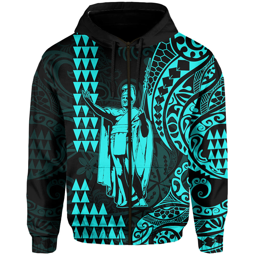 Hawaii Day Kakau Hoodie Proud To Be Hawaiian Turquoise King Kamehameha and Kanaka Maoli LT13 Zip Hoodie Turquoise - Polynesian Pride