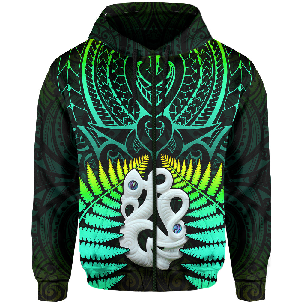 Aotearoa Fern Hoodie New Zealand Hei Tiki Green Style LT13 Zip Hoodie Green - Polynesian Pride