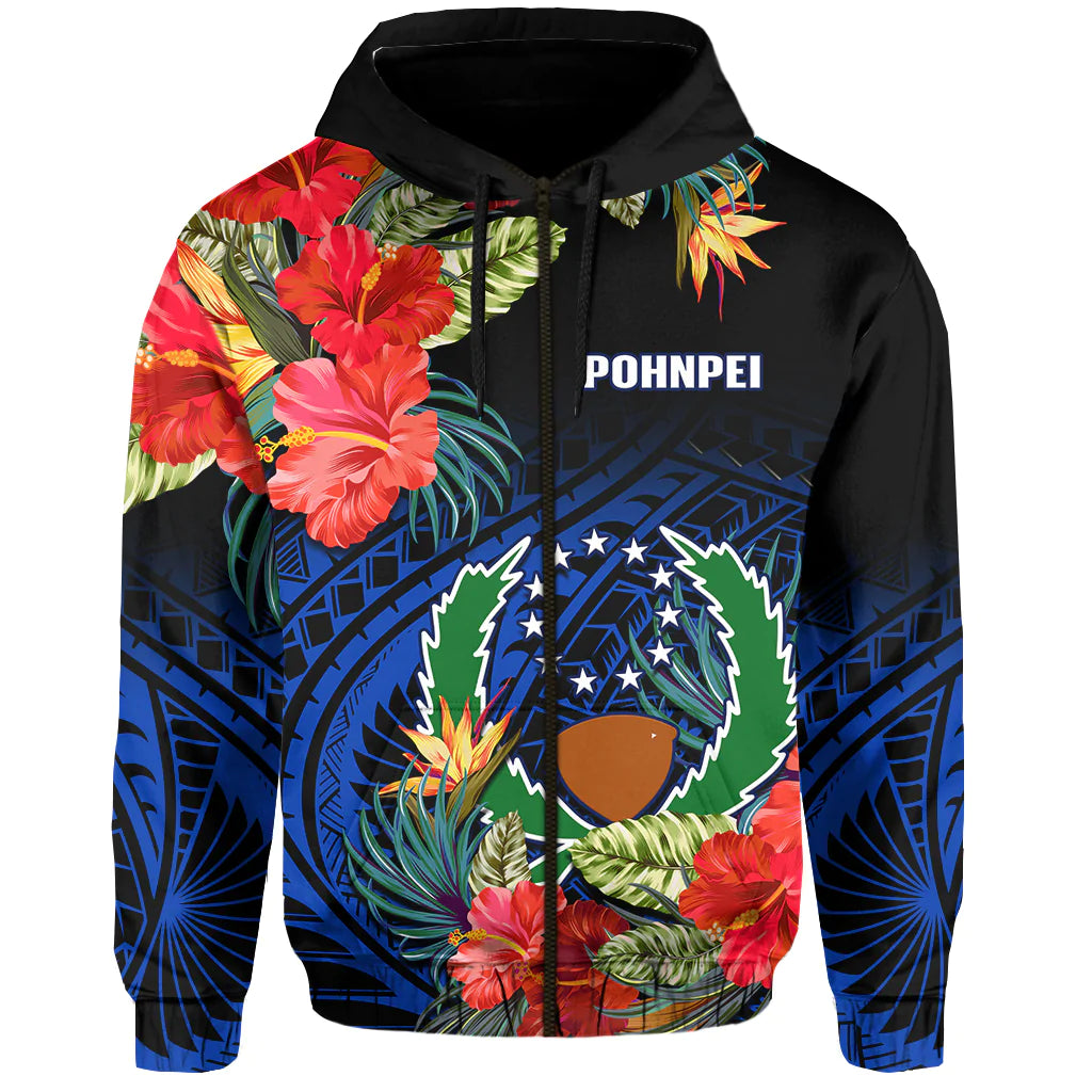 Custom Pohnpei State Hoodie FSM Hibiscus Flowers Mix Polynesian LT14 Zip Hoodie Blue - Polynesian Pride