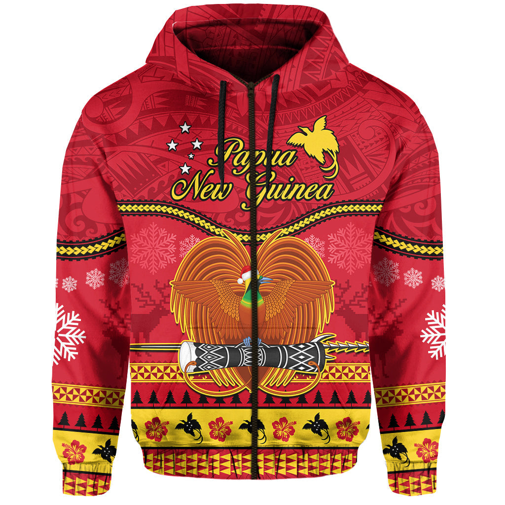 Papua New Guinea Christmas Hoodie Bird of Paradise Bikpela Hamamas Blong Dispela Krismas LT14 Zip Hoodie Red - Polynesian Pride