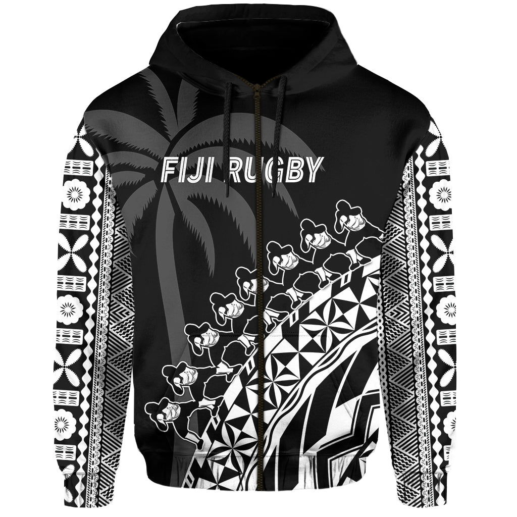 (Custom Text and Number) Fiji Rugby Hoodie Fijian Cibi Dance Tapa Pattern Black LT14 - Polynesian Pride
