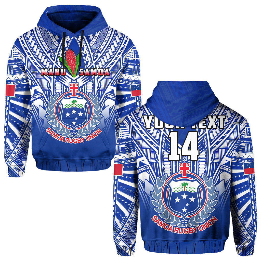 (Custom Text and Number) Samoa Rugby Hoodie Manu Samoa 7s Ginger Blue Polynesian LT14 Pullover Hoodie Blue - Polynesian Pride