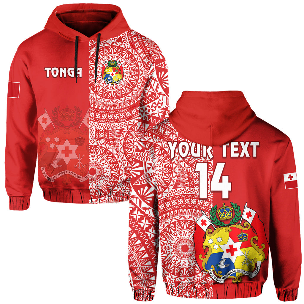 (Custom Text and Number) Tonga Hoodie Tongan Coat of Arms Ngatu Pattern LT14 Hoodie Red - Polynesian Pride