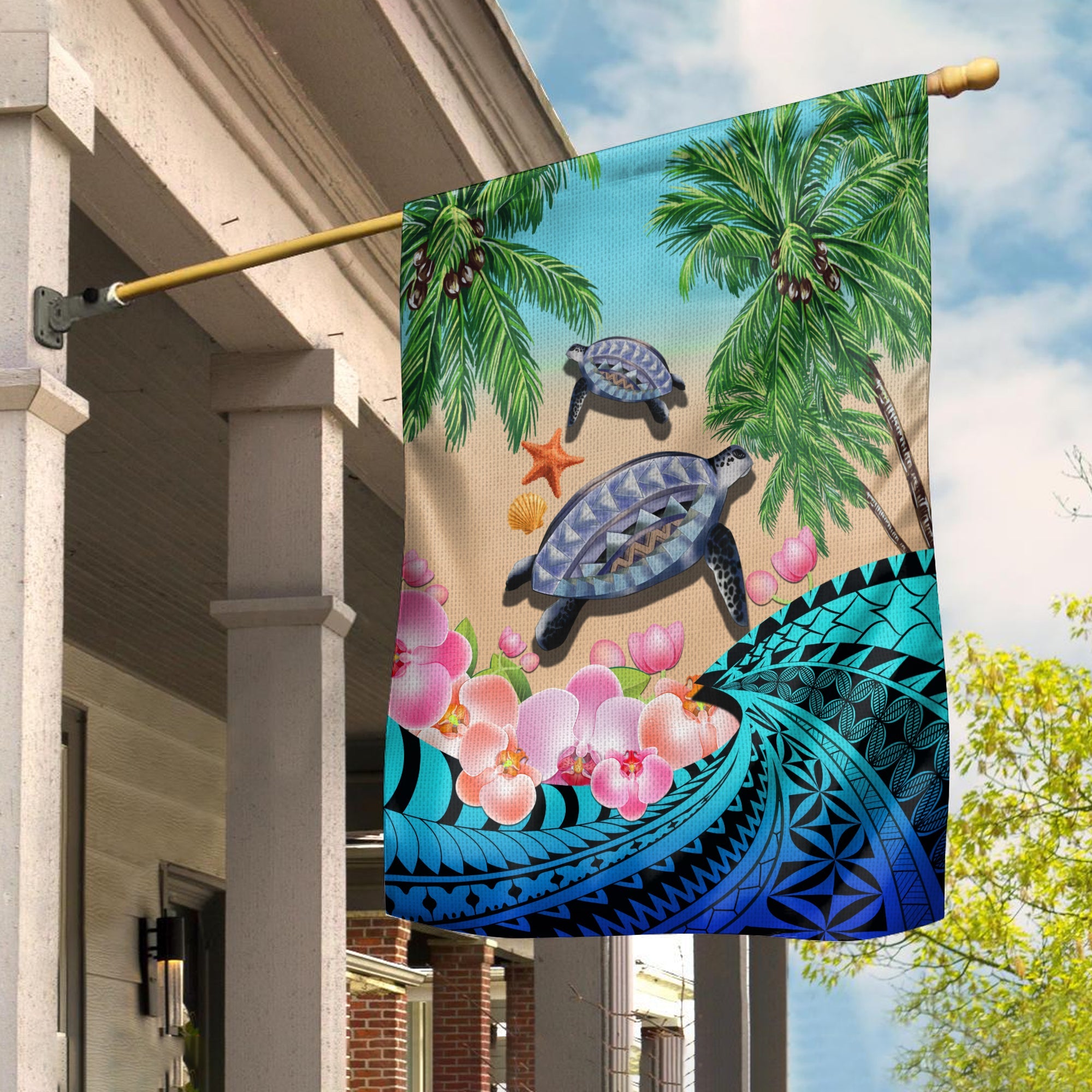 Polynesian Turtle Coconut Tree And Orchids Flag LT14 - Polynesian Pride