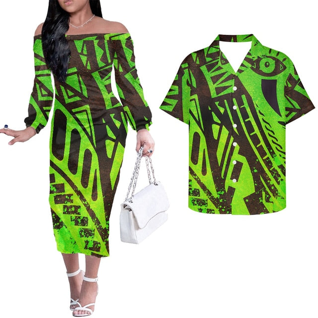 Hawaii Polynesian Matching Outfits For Couple Combo Yellow Long Sleeve Dress And Hawaiian Shirt Green - Polynesian Pride