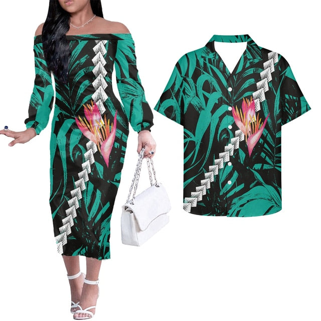 Hawaii Tropical Flowers Matching Hawaiian Outfits For Couple Combo Long Sleeve Dress And Hawaiian Shirt Art - Polynesian Pride